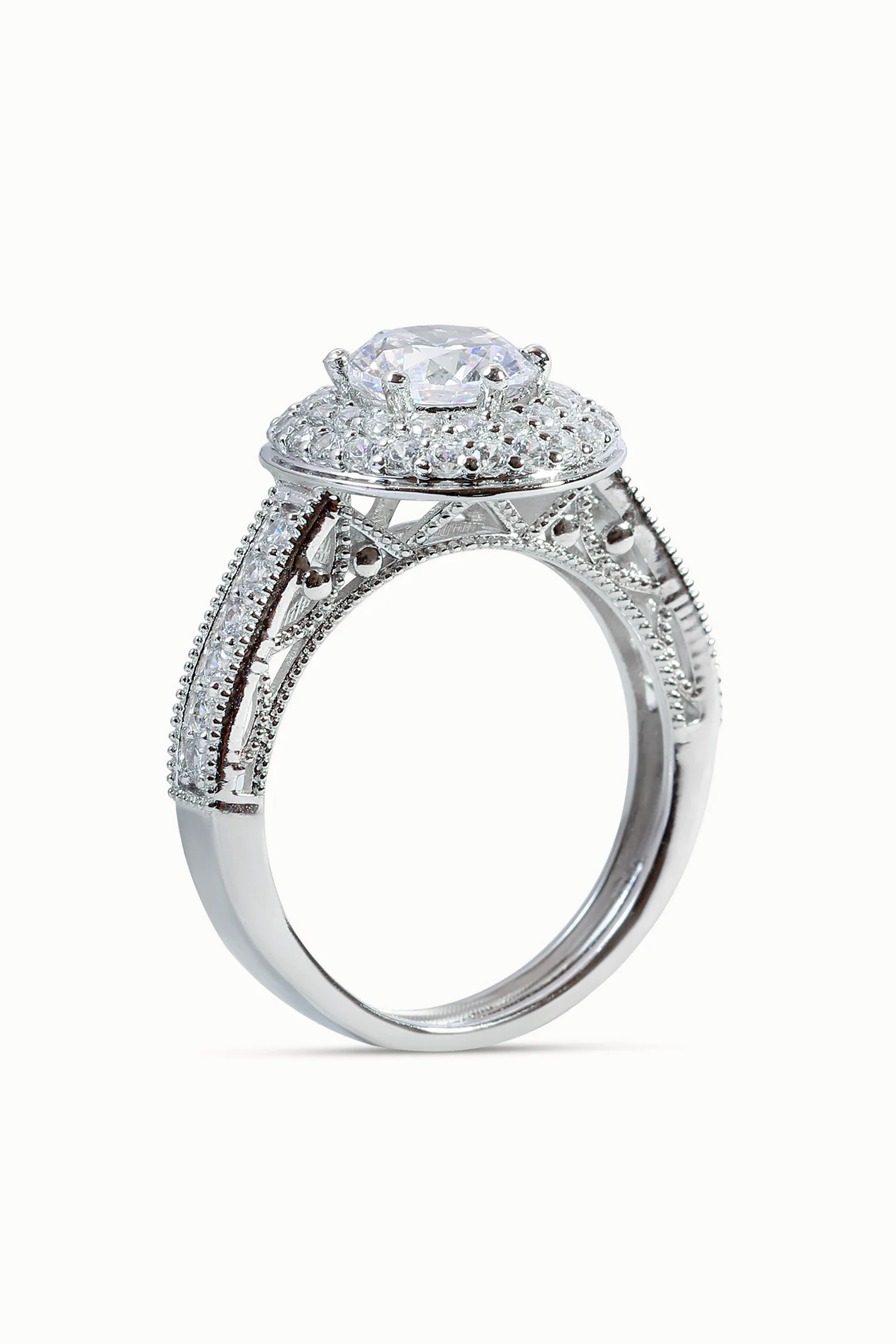 CELESTINA DOUBLE STUDDED HALO AND PAVE RING WITH ROUND BRILLIANT SOLITAIRE